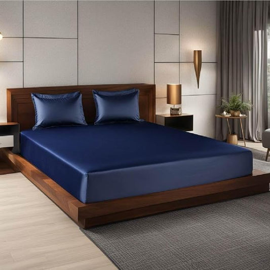 Satin Elastic Fitted Bedsheet Set- Navy Blue